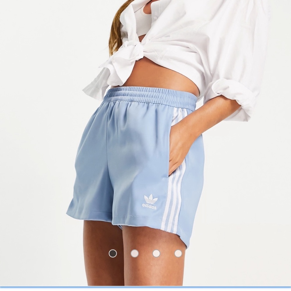 adidas loose light blue shorts with white stripes small